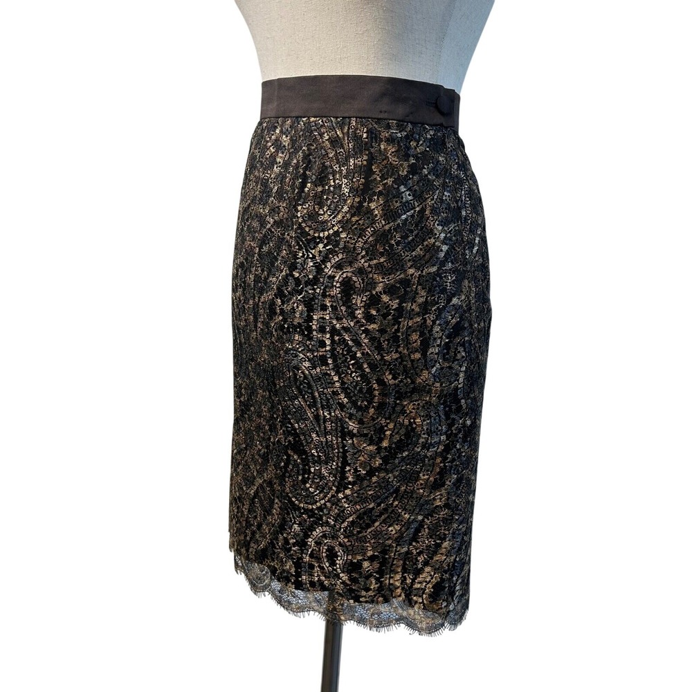 Escada Lace Pencil Skirt Metallic Gold Black Silk Vintage Size 36 US 4‎